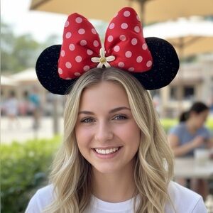 Disney Minnie Mouse Classic Red White Polka Dot Bow Ears Headband with Flower